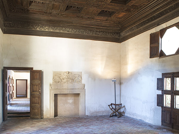 Emperor's Bureau, covered by a Renaissance coffered wooden ceiling, with emblems of the monarchs and Burgundian-style fireplaces