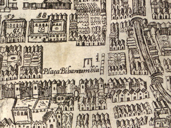 Detail of the Plan of Granada drawn up by Ambrosio de Vico and engraved by Francisco Heylan in the late 16th century,  where the importance of the plaza as a new space for public events is appreciable